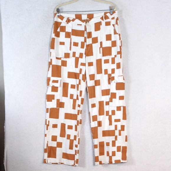 Baevely Womens White & Brown Blocky Abstract‎ Wide Leg Cargo Pants Size L - Picture 1 of 7